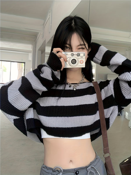 Striped Off Shoulder Knitted Top, Casual Long Sleeve Crop Sweater For ...