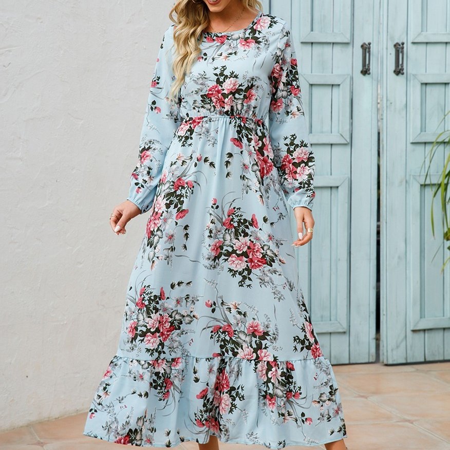 loose dresses long kkboxly Floral Long Sleeve Maxi Dress, Long Sleeve Loose Crew Neck Dre –  Kkboxly™