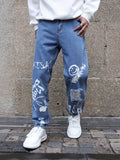 Y2K Men's Trendy Doodles Pattern Ripped Jeans Distressed Punk Men's Denim Pants Graffiti Pattern Loose Streetwear Hiphop Jeans