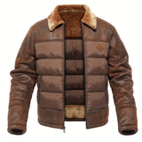 kkboxly  Men's Casual Warm PU Leather Jacket, Chic Faux Fur Collar Padded Coat For Fall Winter