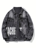 kkboxly  Letter Print Loose Fit Distressed Denim Jacket, Men's Casual Lapel Vintage Style Multi Pocket Denim Jacket Coat For Spring Fall