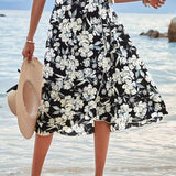 kkboxly  Floral Print Wrap Tie Skirt, Holiday High Waist Skirt, Women's Clothing