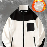 kkboxly  Men's Polar Fleece Jacket, Casual Stand Collar Zipper Pockets Coat For Fall Winter