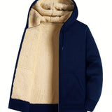 kkboxly  Solid Sherpa Lined Men's Hooded Jacket Casual Long Sleeve Hoodies With Zipper Gym Sports Hooded Coat For Winter Fall