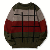 kkboxly  All Match Knitted Color Block Sweater, Men's Casual Warm Slightly Stretch Crew Neck Pullover Sweater For Men Fall Winter