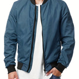 kkboxly  Solid Varsity Bomber Jacket, Men's Casual Baseball Jacket Coat Regular Fit College Hipster Windbreaker For Spring Autumn