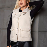 kkboxly  Button Front Sleeveless Plush Jacket, Casual Dual Pockets Jacket For Fall & Winter, Women's Clothing