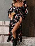 Floral Print Split Thigh Dress, Elegant Squared Neck Long Sleeve Dress, Women's Clothing