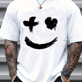 kkboxly  Men's Casual Trendy Smile Graphic Print Comfortable Crew Neck Short Sleeve T-shirts, Summer Top Tees