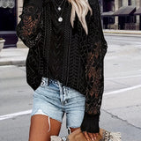Solid Crew Neck Contrast Lace Pullover Sweater, Casual Long Sleeve Sweater For Spring & Winter, Women's Clothing