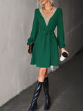 kkboxly  Women's Dresses V Neck Long Sleeve Lace Ruffles Waist Regular Hem Party Dresses
