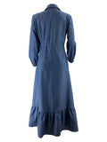 kkboxly  Solid Button Front Kaftan Abaya, Casual Long Sleeve Ruffle Hem Dress Without Hijab, Women's Clothing