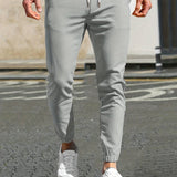 kkboxly  Slim Pockets Classic  Trousers, Men's Casual Solid Color Lace-up Pants For Spring And Autumn