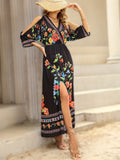 kkboxly  Floral Print Cold Shoulder Dress, Elegant Split V Neck Dress For Spring & Summer, Women's Clothing