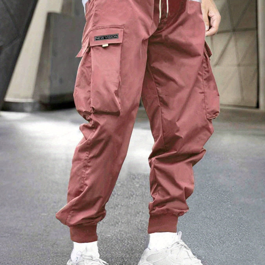 kkboxly Men's Stylish Letter Graphic Cargo Pants with Flap Pockets - Drawstring Waist for Comfort