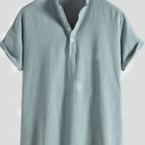 kkboxly  Men's Cotton & Linen Striped Half Button Shirt