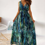 kkboxly  Boho Tropical Print Drawstring Dress, Casual Sleeveless V Neck Slim Waist Maxi Dress, Women's Clothing