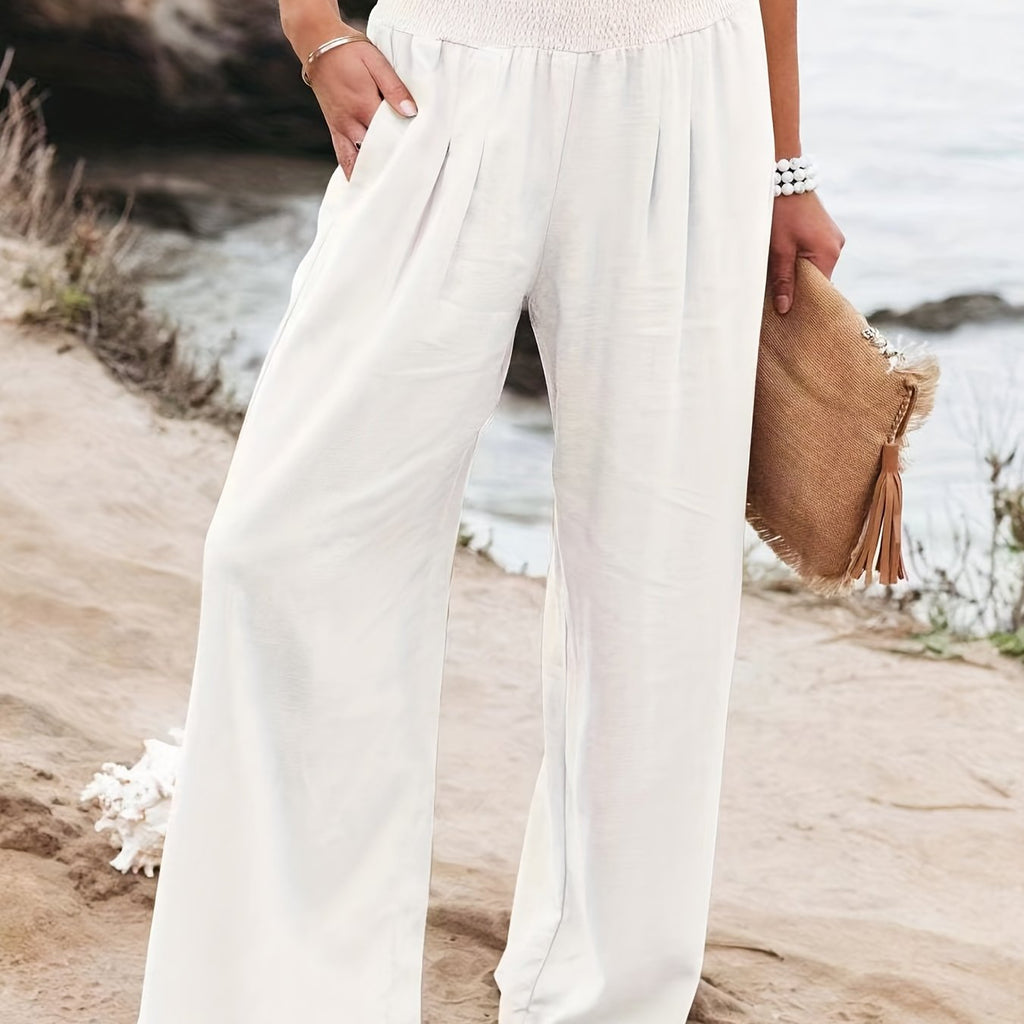 kkboxly  Shirred Waist Wide Leg Pants, Casual Solid Slant Pockets Pants For Summer & Spring, Women's Clothing