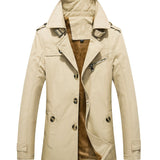 kkboxly  Men's Solid Color Turndown Collar Button Jacket, Mid-Length Fleece Thickened Windbreaker Jacket For Autumn And Winter