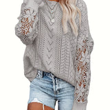 kkboxly  Contrast Lace Eyelet Knit Sweater, Casual Crew Neck Long Sleeve Sweater, Women's Clothing