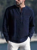 kkboxly  Cotton Linen Tops, Men's Plus Size Loose Casual Streetwear With Pocket, Simple All-match Solid O-Neck Long Sleeve Shirts