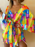Kkboxly   Full Printed V Neck Dress, Casual Tie Waist Batwing Sleeve Dress, Women's Clothing