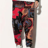 kkboxly  Cotton & Linen Blend Men's Drawstring Harem Pants Beach Pant Bohemian Pattern Casual Baggy Pants Streetwear Hiphop Rapper Style