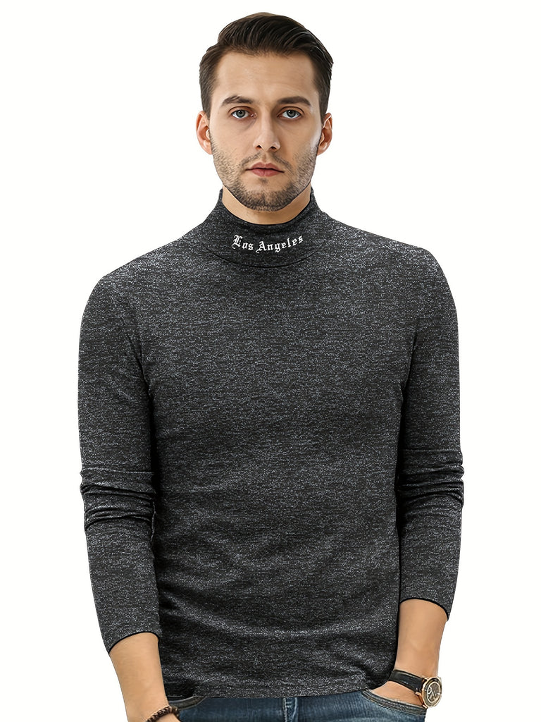 kkboxly Men's Turtleneck Long Sleeve T-Shirt, Casual Stretch Sports Tops For Spring Fall