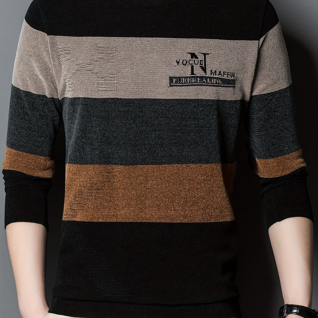 kkboxly  All Match Knitted Color Block Sweater, Men's Casual Warm High Stretch Crew Neck Pullover Sweater For Men Fall Winter