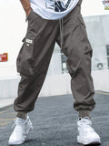 kkboxly  Plus Size Men's Drawstring Cargo Pants: Letters Print, Multi-Pocket Design, Perfect For Outdoor Activities