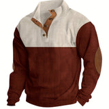 kkboxly Retro Color Block Knitted Ribbed Sweater, Men's Casual Warm Mid Stretch Stand Collar Pullover Sweater For Men Fall Winter