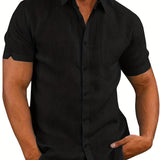 kkboxly  Men's Shirt Top, Linen & Cotton Blend, Turn-Down Collar Button Up Short Sleeves Lapel Closure Regular Fit Male Casual Shirt For Daily