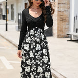 kkboxly  Floral Dress Long Sleeve High Waist A-Line Midi Dress, Casual Loose Dress, Women's Clothing