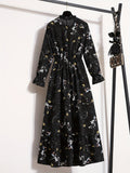 Kkboxly   Floral Print Ruffle Trim Dress, Elegant Stand Collar Long Sleeve Maxi Dress, Women's Clothing