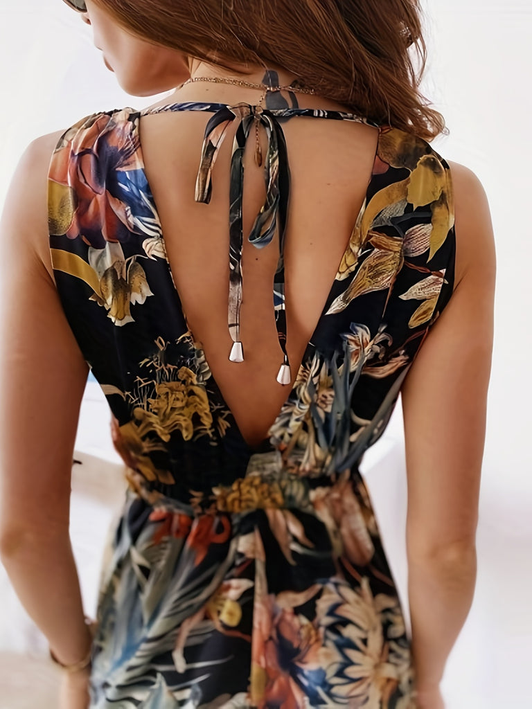 kkboxly  Boho Tropical Print Drawstring Dress, Casual Sleeveless V Neck Slim Waist Maxi Dress, Women's Clothing