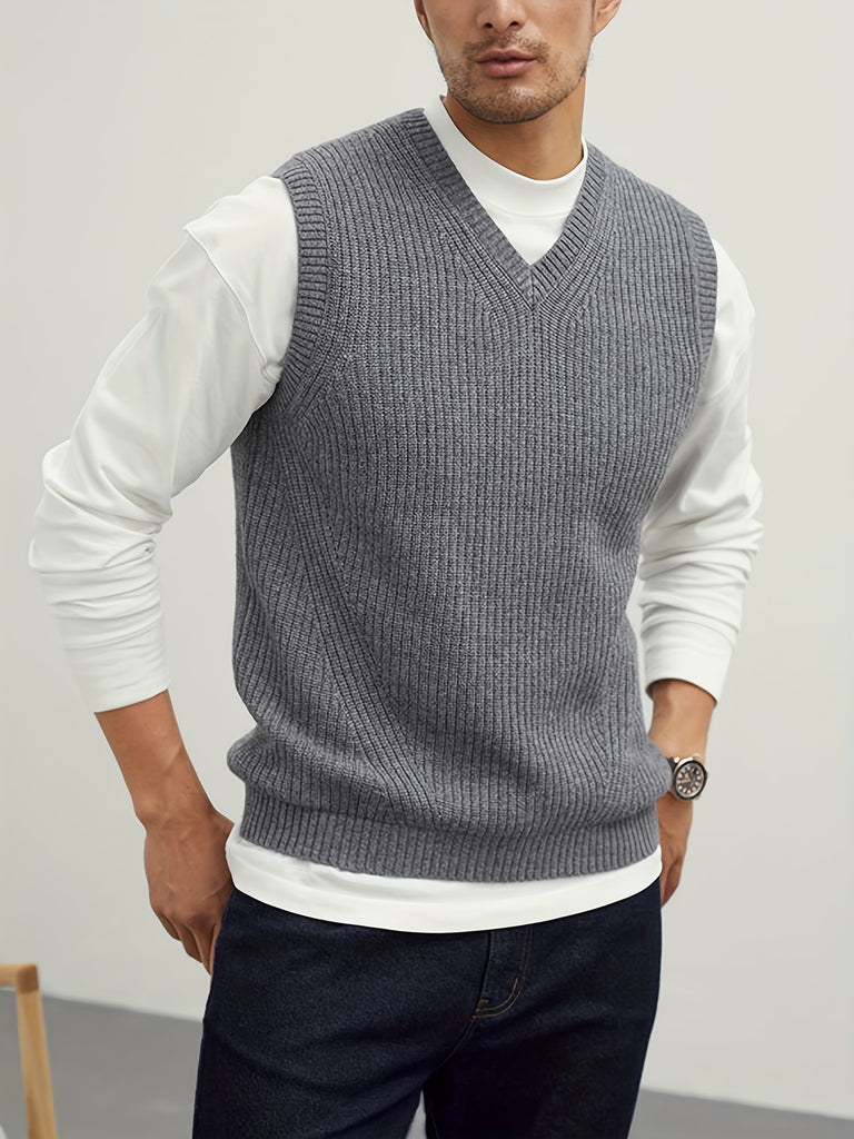 kkboxly  Men's V Neck Sweater Vest, Pullover Solid Color Sleeveless Sweaters Vest, Preppy Style