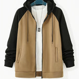 Plus Size Men's Full Zip Hoodies, Color Block Long Sleeve Drawstring Jacket Best Sellers