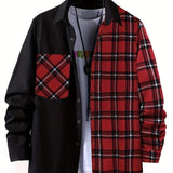 Men's Casual Cotton Stitch Plaid Button Up Shirt With Chest Pocket, Male Clothes For Spring And Fall