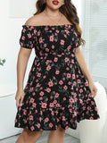 kkboxly  Plus Size Casual Dress, Women's Plus Floral Print Shirred Lettuce Trim Off Shoulder Smock Dress