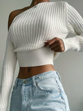 kkboxly  Ribbed Asymmetrical Neck Knit Crop Sweater, Sexy Cold Shoulder Long Sleeve Pullover Sweater, Women's Clothing