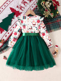 Little Girls' Cartoon Christmas Party Dress - Long Sleeve A-line Tutu Dress with Ribbon Belt, Holiday Gift Pattern for Celebrations
