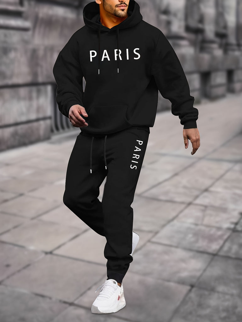 2pcs, Paris Print, Men's Hoodie And Joggers Set For Spring And Fall