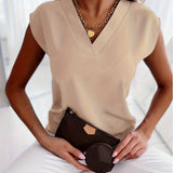 kkboxly  Elegant Solid V Neck Blouse, Short Sleeve Blouse For Spring & Summer, Women's Clothing