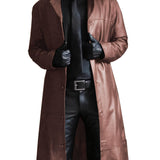 kkboxly  Men's Chic Pu Overcoat, Casual Lapel Stretch Button Up Faux Leather Long Coat For Spring Fall