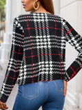 kkboxly  Plus Size Classic Coat, Women's Plus Houndstooth Print Open Front Long Sleeve Medium Stretch Jacket