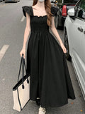kkboxly  Solid Square Neck Dress, Elegant Ruffle Sleeve Shirred Dress For Spring & Summer, Women's Clothing