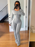 kkboxly Solid Rib Two-piece Set, Flared Sleeve Crew Neck Tops & High Waist Long Length Pants Outfits, Women's Clothing