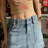 kkboxly  Square Pocket Mid Waist Mid Rise A-line Shape Button Waist Design Zipper Button Closure Washed Blue Color Denim Skirts, Women's Denim Skirts, Women's Clothing