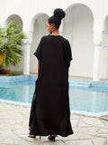 Plus Size Boho Kaftan Dress, Women's Plus Golden Embroidered Bat Sleeve Notched Neck Maxi Cover Up Dress