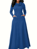 Pile Collar Pocket Front Dress, Elegant Long Sleeve Maxi Dress, Women's Clothing